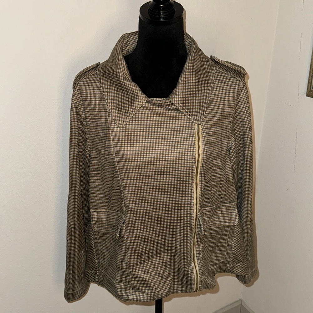 DG2 Diane Gilman tan olive green houndstooth‎ zipper front jacket Sz M